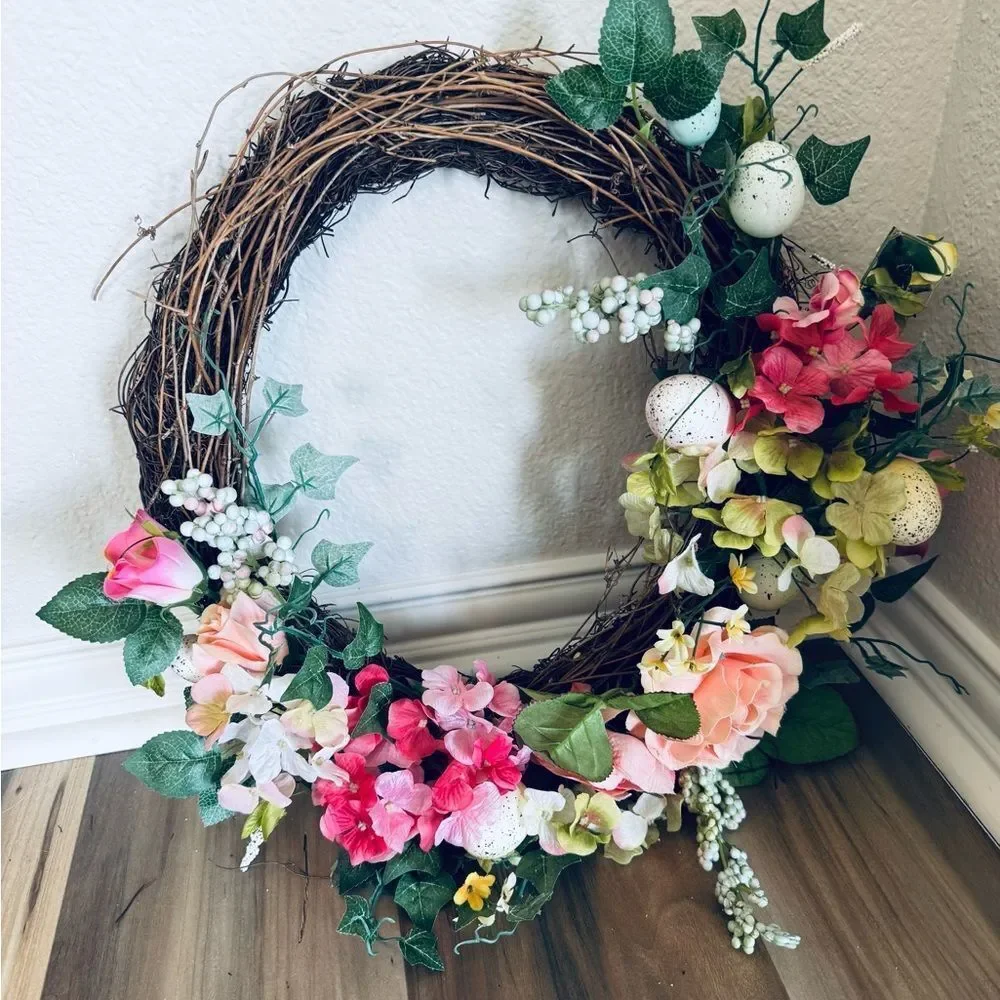 Spring Easter Egg Pink Floral Greenery Wreath
